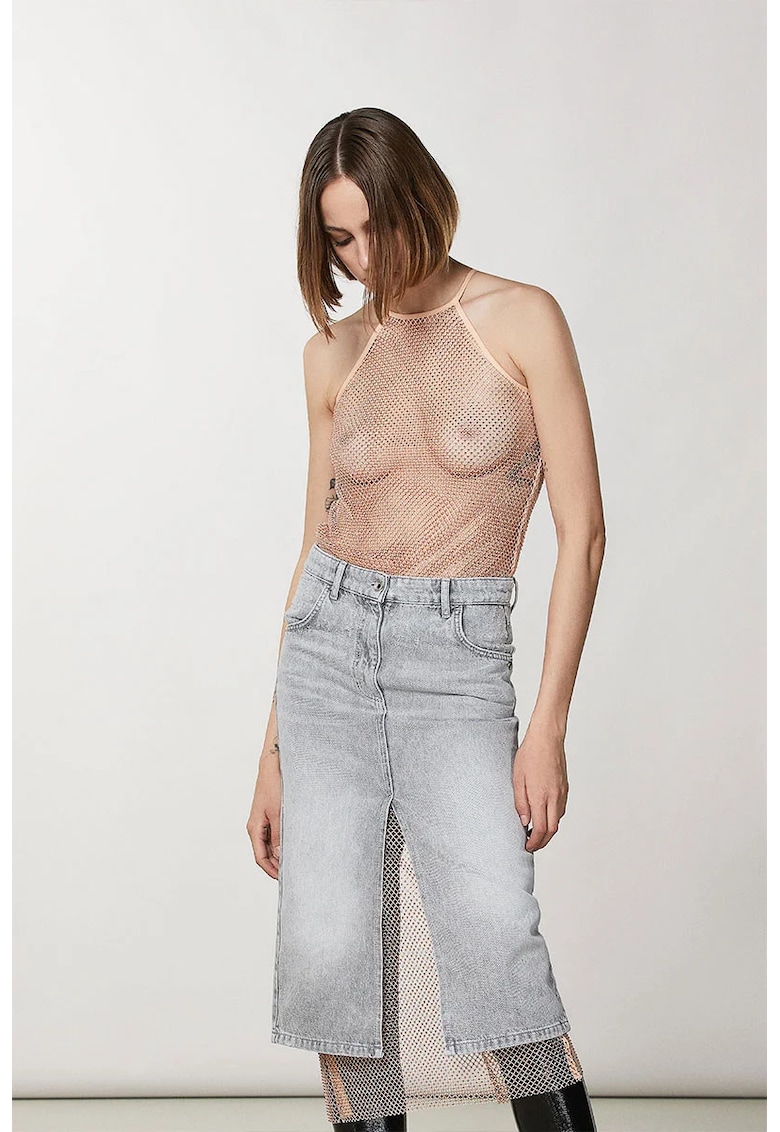 Fusta din denim cu buzunare frontale si la spate