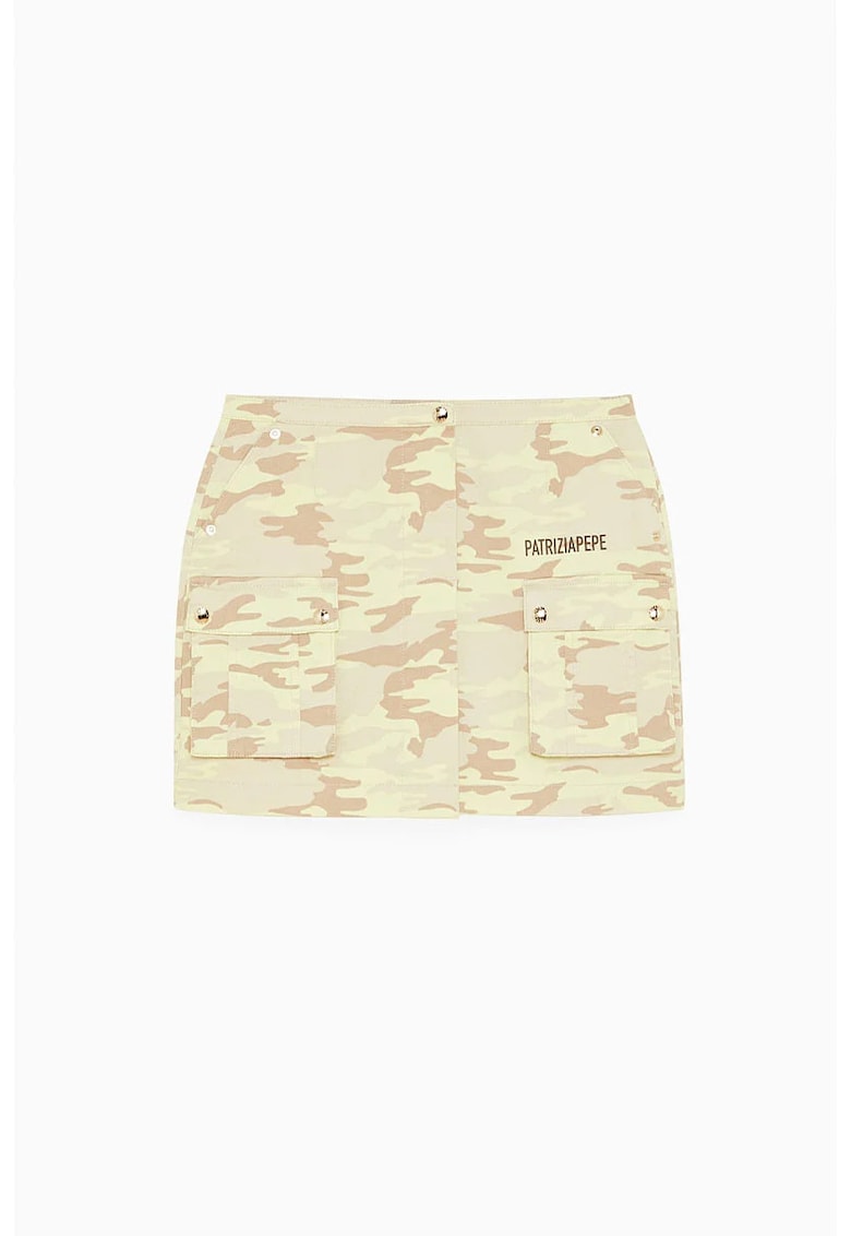 Fusta mini cu imprimeu tip camuflaj si buzunare frontale