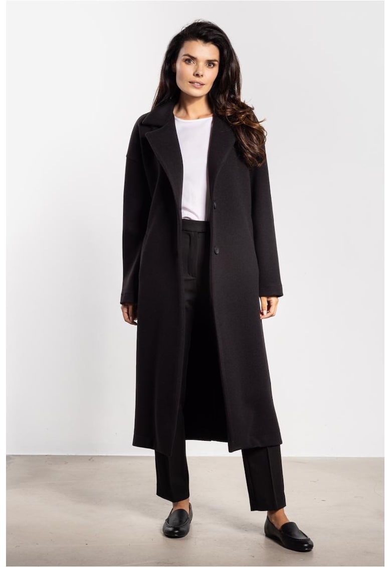 Palton lung cu revere decupate si buzunare oblice