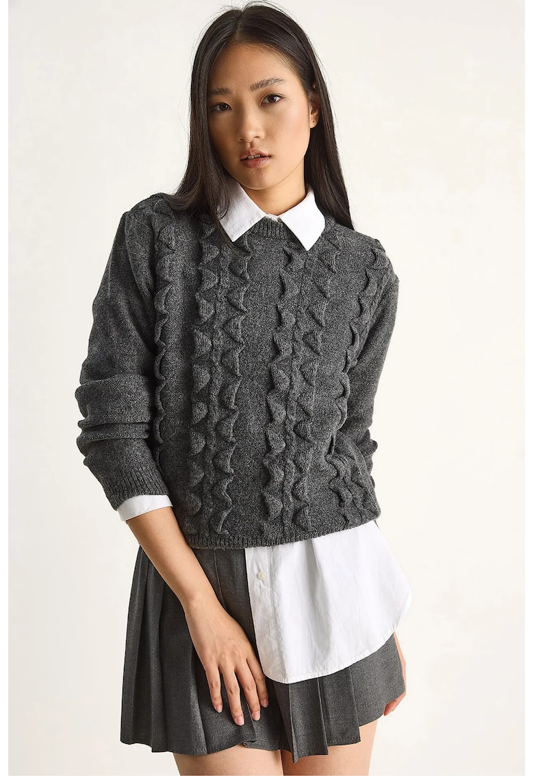 Pulover dama guler rotund - texturat - gri carbune - tricot -