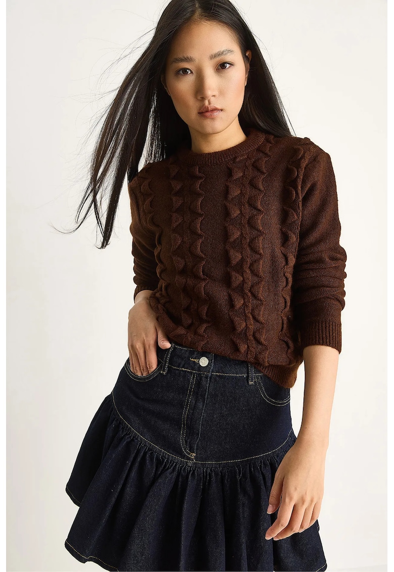 Pulovere dama - pulover cu guler rotund texturat - maro mocha inchis - tricot -