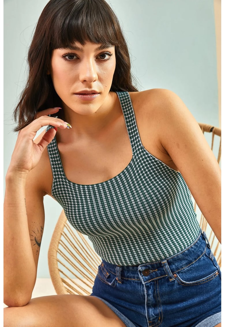Top scurt imprimeu in carouri - verde - tricot -