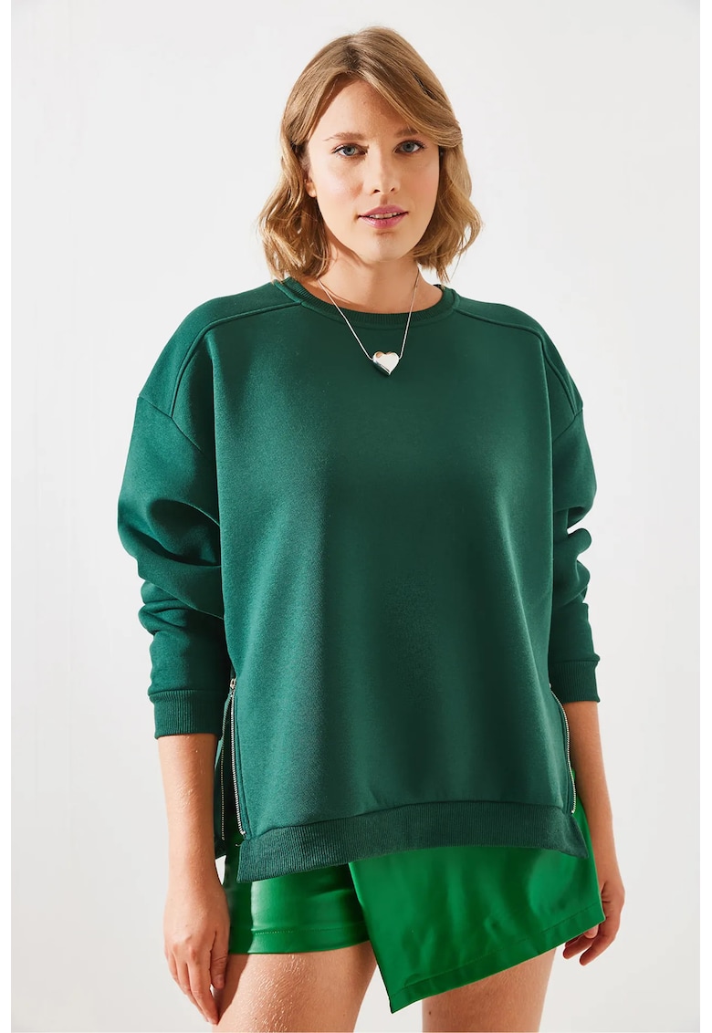 Hanorac HiCCUP - guler rotund - cu fermoar decorativ - verde - textil