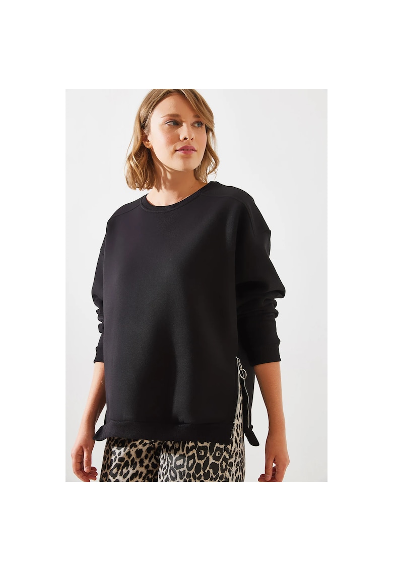 Bluza sport dama - cu guler rotund - fermoar - negru - textil
