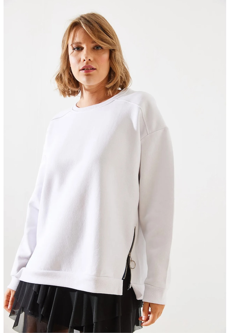 Hanorac fara gluga guler rotund - detalii cu fermoar - alb - textil