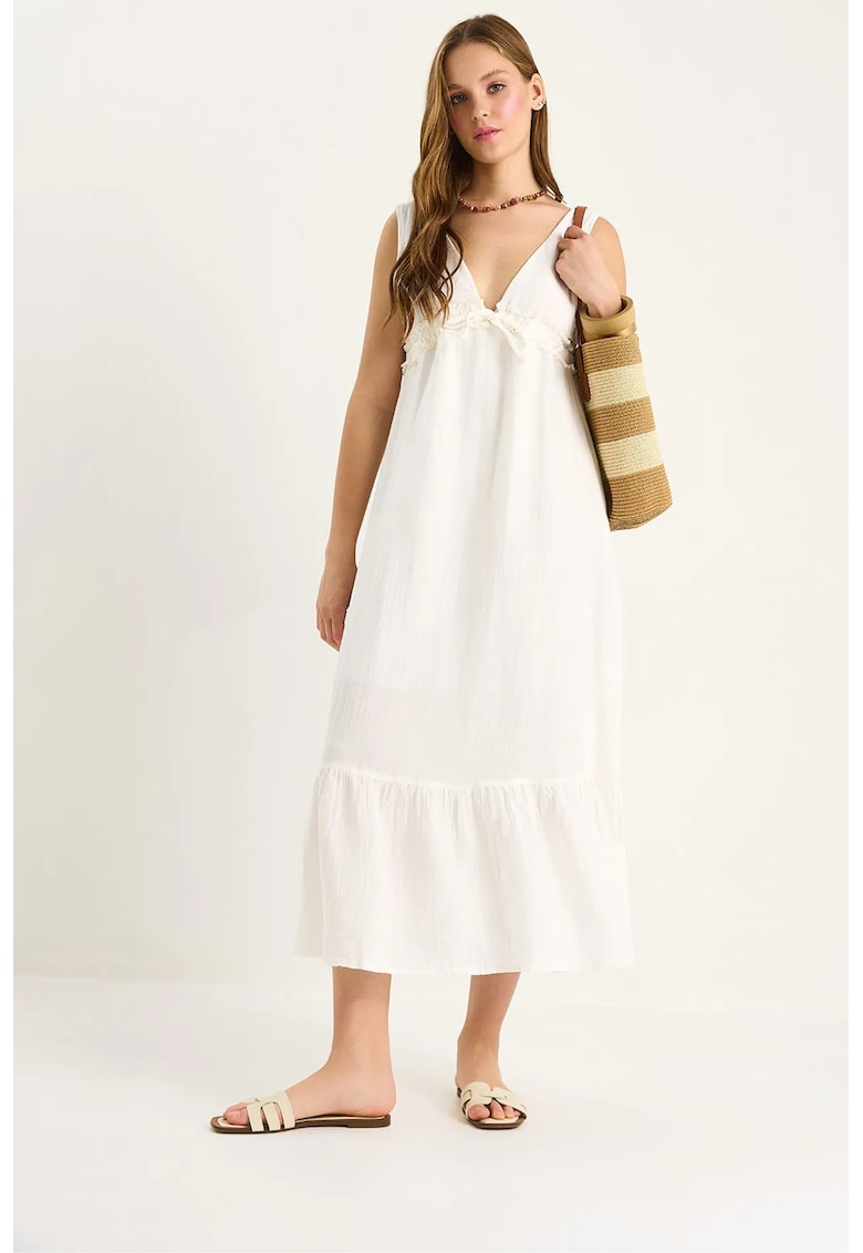 Rochie midi HiCCUP A-Form Fit - decolteu in V - alb - textil