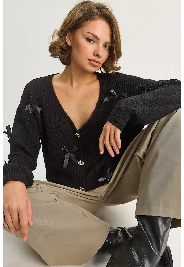 Pulover dama - cardigan supradimensionat - detalii tip funda - negru - tricot -