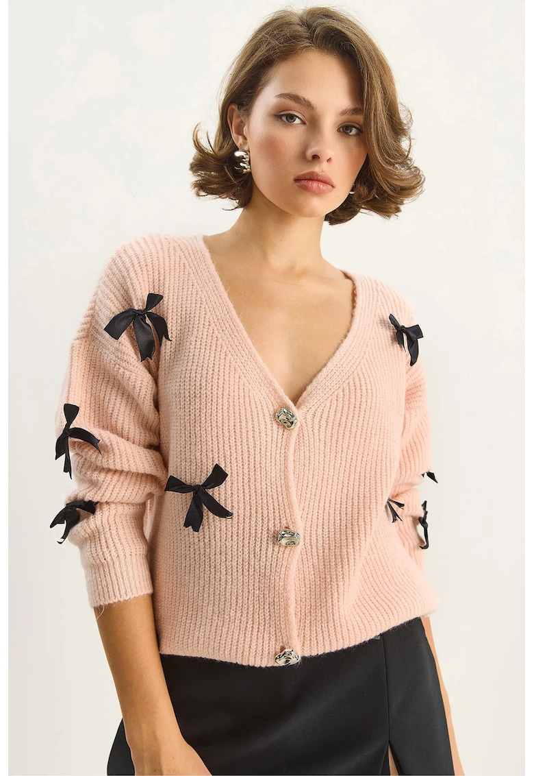 Cardigan - Oversize - Detalii Funda - Roz Pudrat - Tricot -