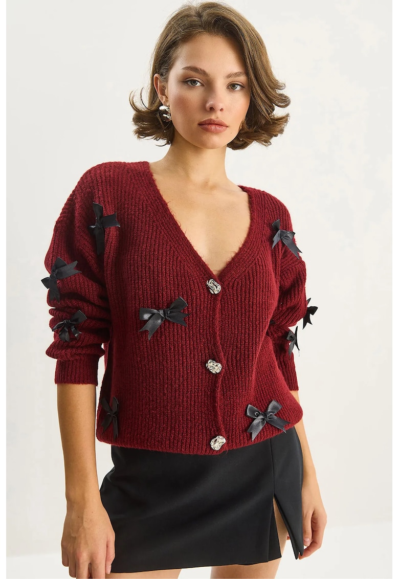 Pulover dama - cardigan supradimensionat - detalii funda - rosu burgund - tricot -