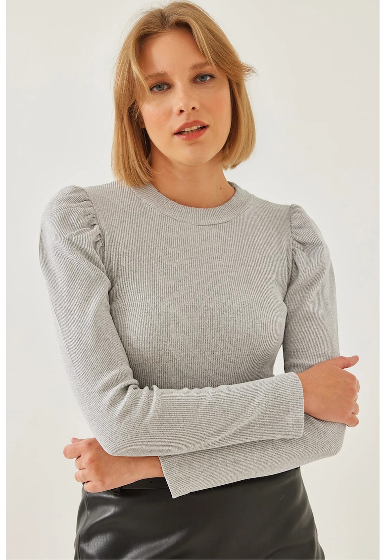 Bluza dama - crop mulata - nervuri - gri - jerseu