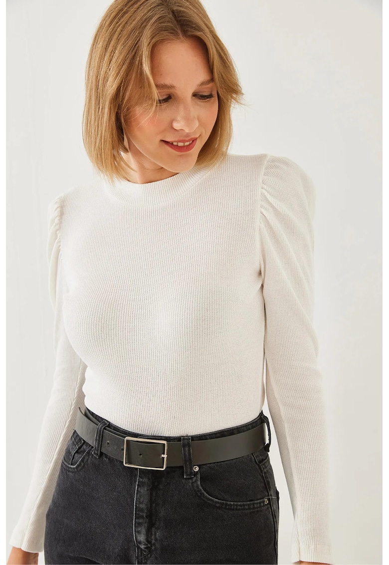 Bluza dama - Top Basic cu Detalii Drapate - Alb - Jerseu -