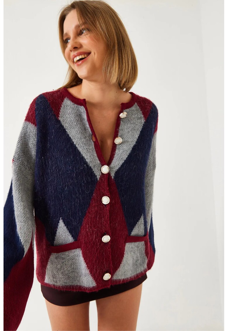 Pulover dama - cardigan cu model geometric - multicolor - tricot -