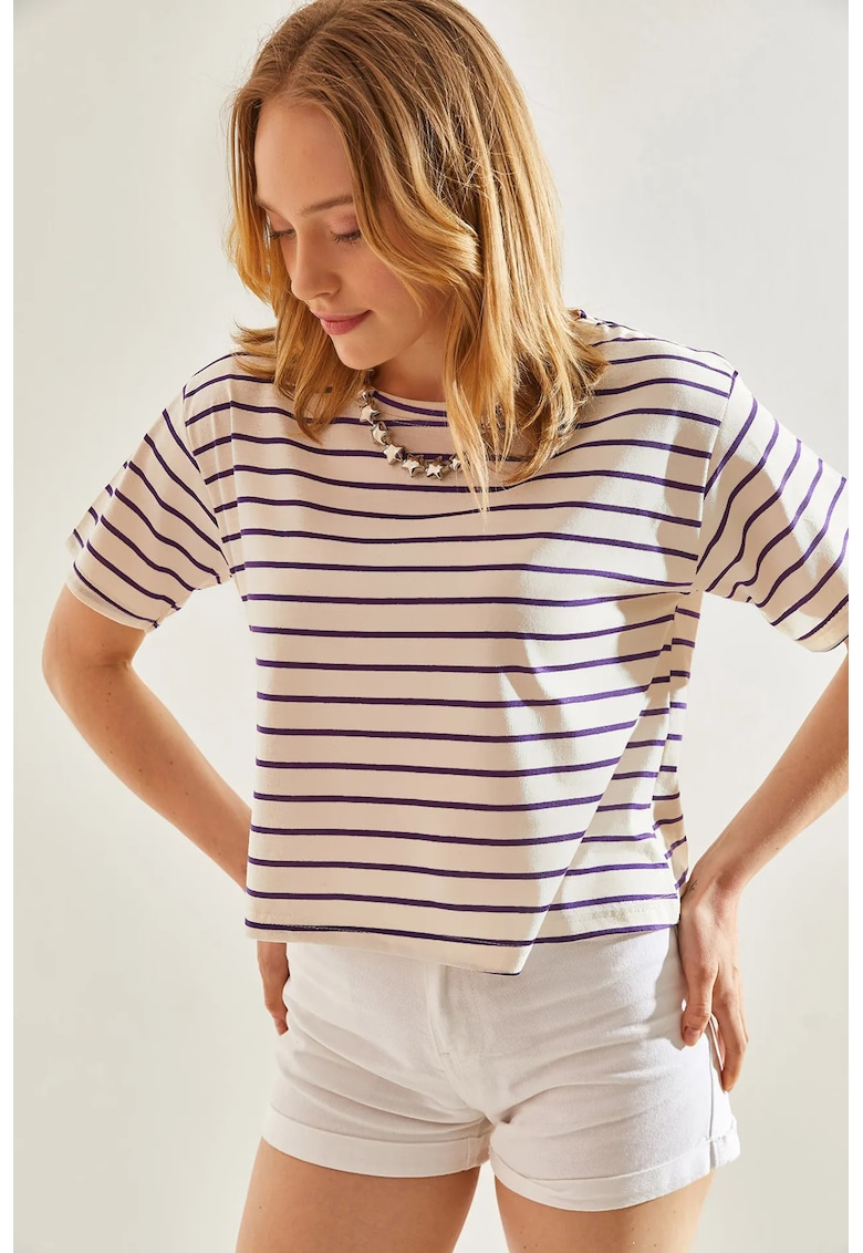 Tricou dama top scurt cu dungi - croiala larga - mov ametist - jerseu