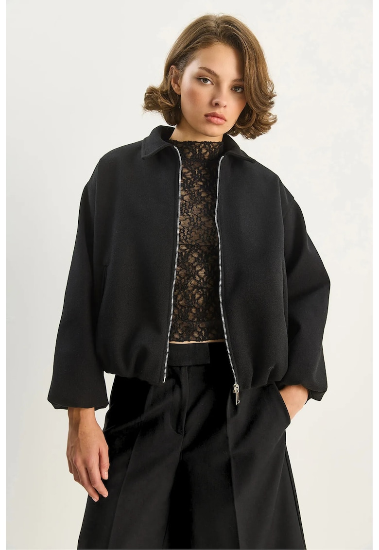 Geaca scurta dama - fermoar - buzunare - negru - textil