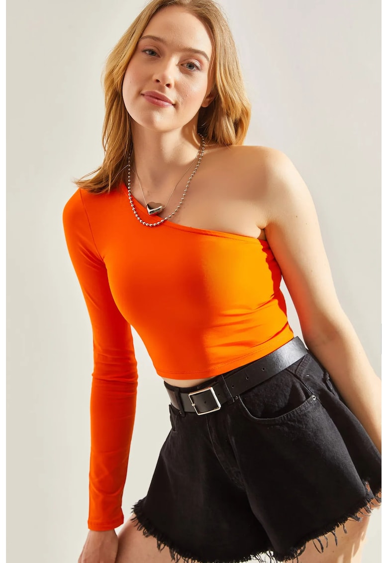 Bluza dama - guler asimetric - portocaliu aprins - jerseu - Portocaliu