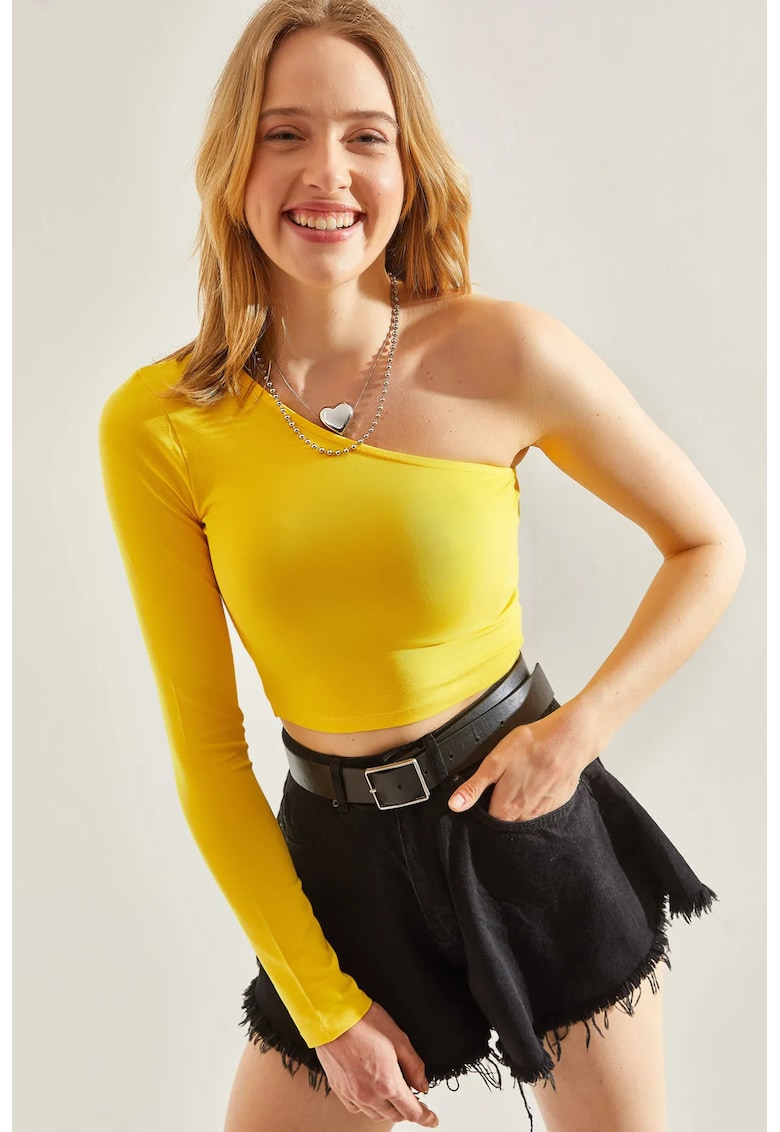 Bluza dama - scurta cu guler asimetric - galben lamaie - jerseu