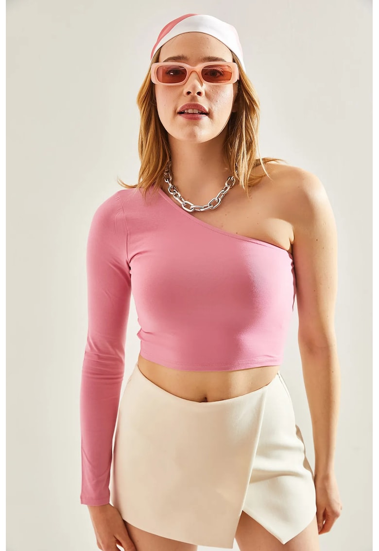 Bluza dama - crop - guler asimetric - roz pudrat - jerseu