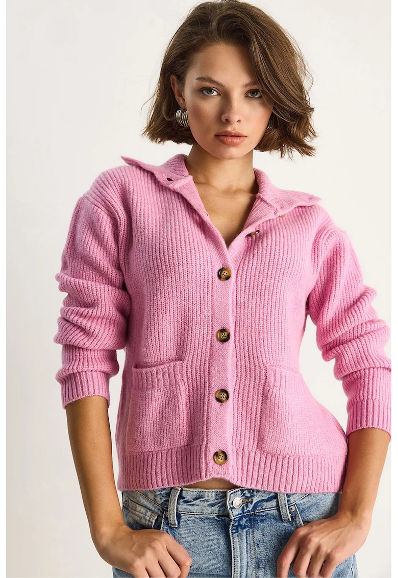 Cardigan - tricot texturat - maneca lunga - roz pudra -