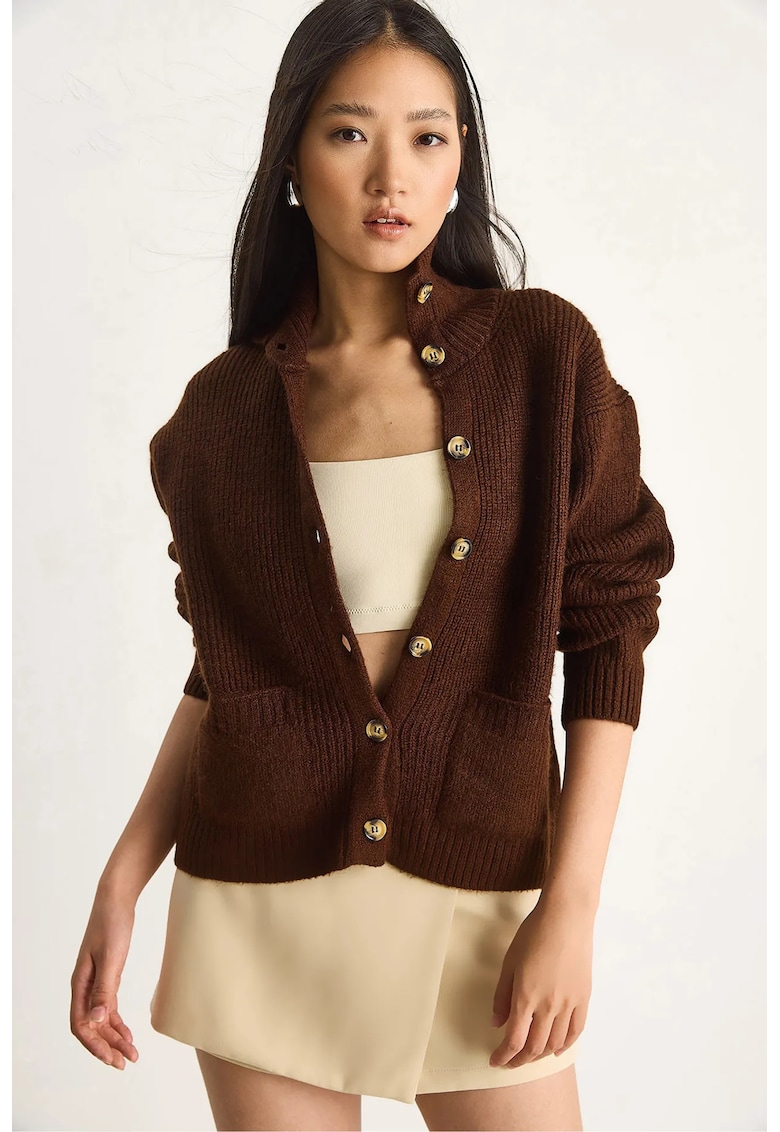 Pulover dama - cardigan din tricot texturat - maneca lunga - maro mocha inchis -