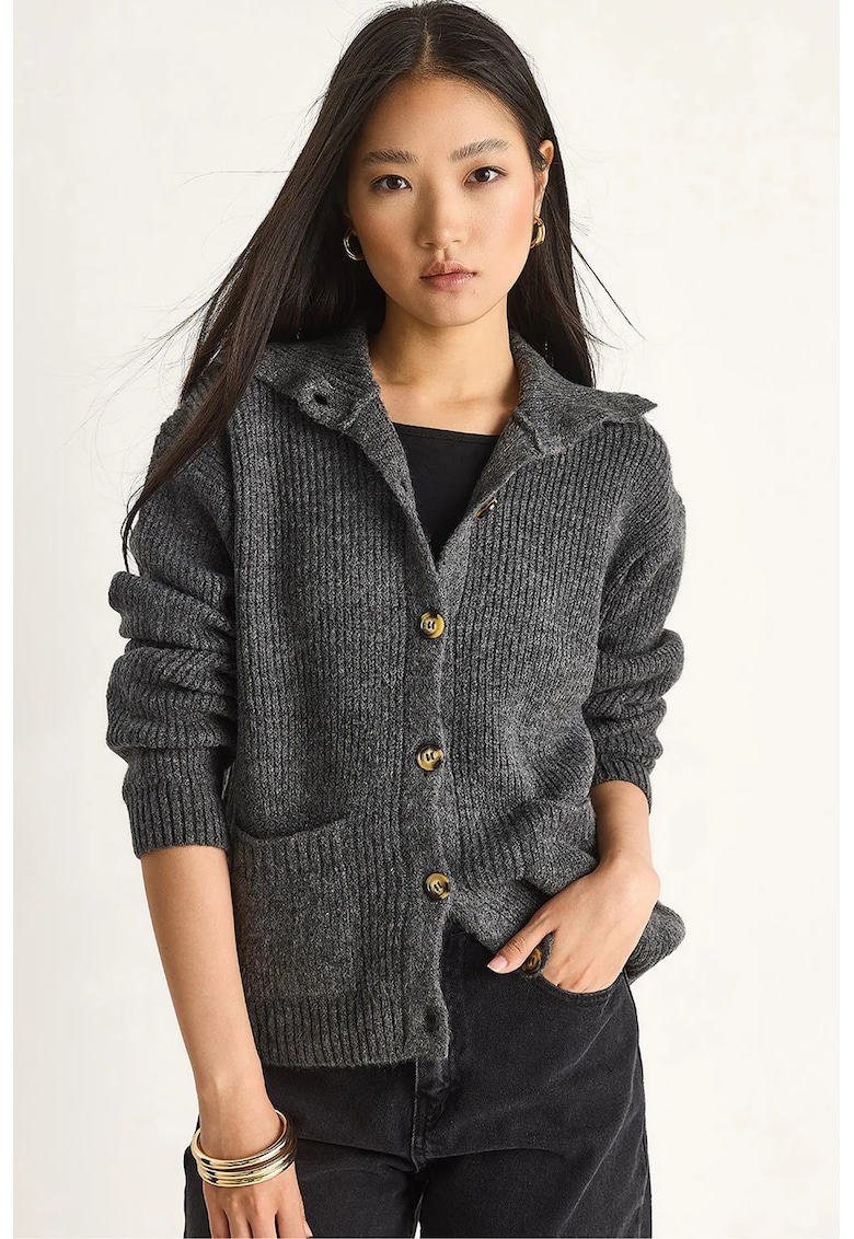 Pulover dama - cardigan tricotat texturat - maneca lunga - tricot - Gri carbune -