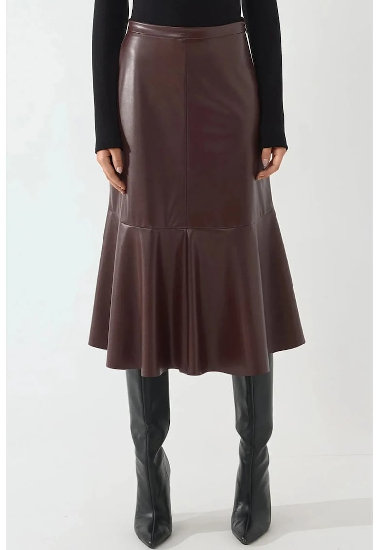 Fusta midi - din imitatie de piele - talie inalta - visiniu - pentru femei