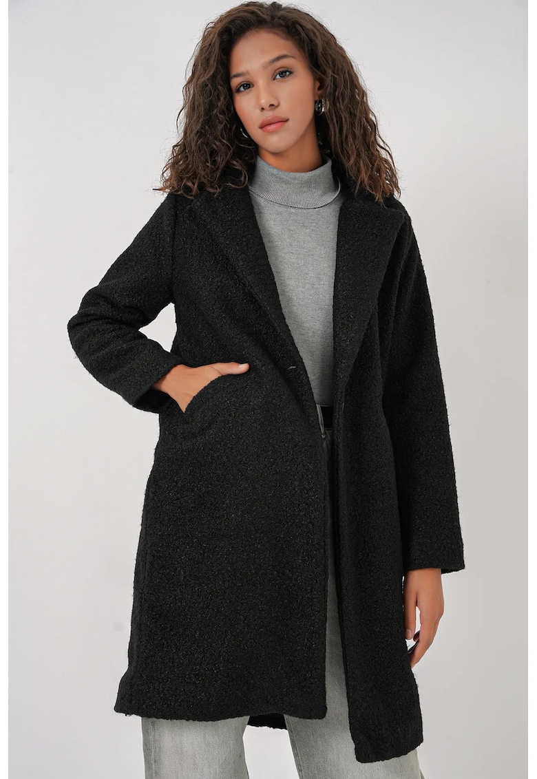 Palton dama - lung - texturat - negru - plus