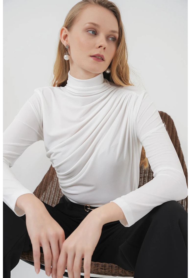 Bluza dama - BigDart - mulata cu detaliu drapaj - Jerseu - Alb -