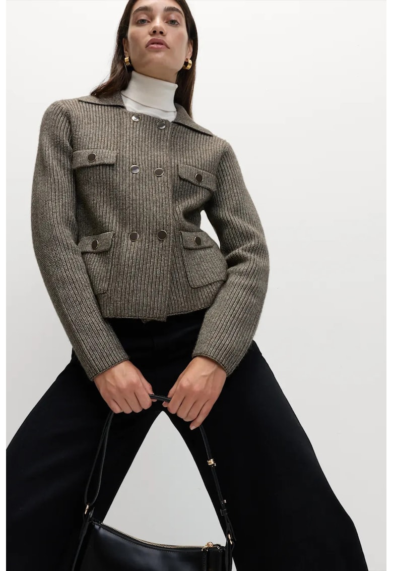 Cardigan cu guler tip camasa si doua randuri de nasturi - Maro melange