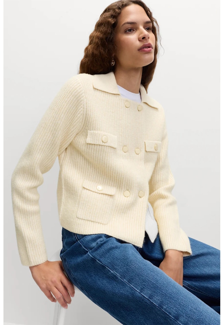 Cardigan cu guler tip camasa si doua randuri de nasturi - Crem
