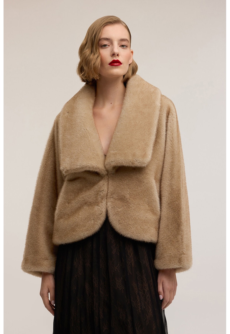 Palton din blana sintetica cu revere ample - Maro camel