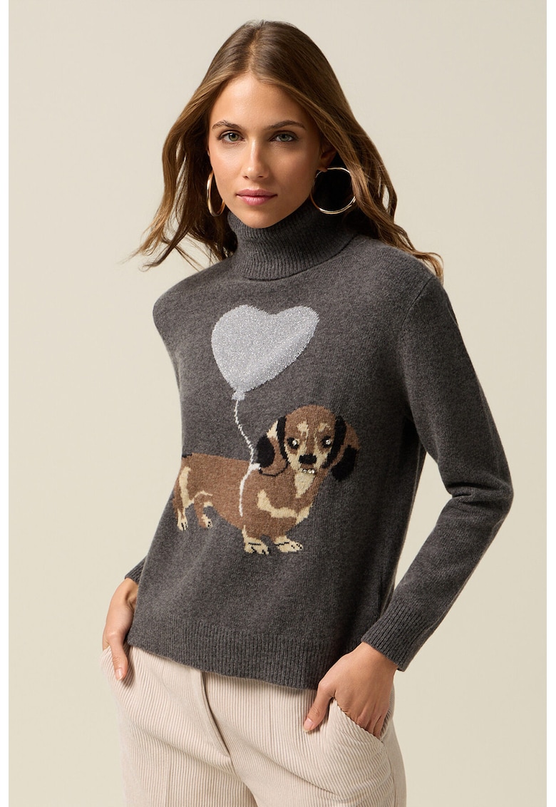 Pulover din amestec de lana cu guler inalt si model