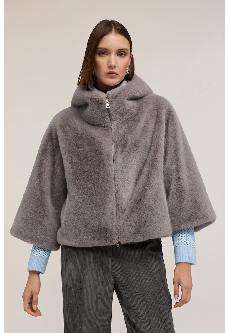 Palton din blana sintetica cu gluga - Grej