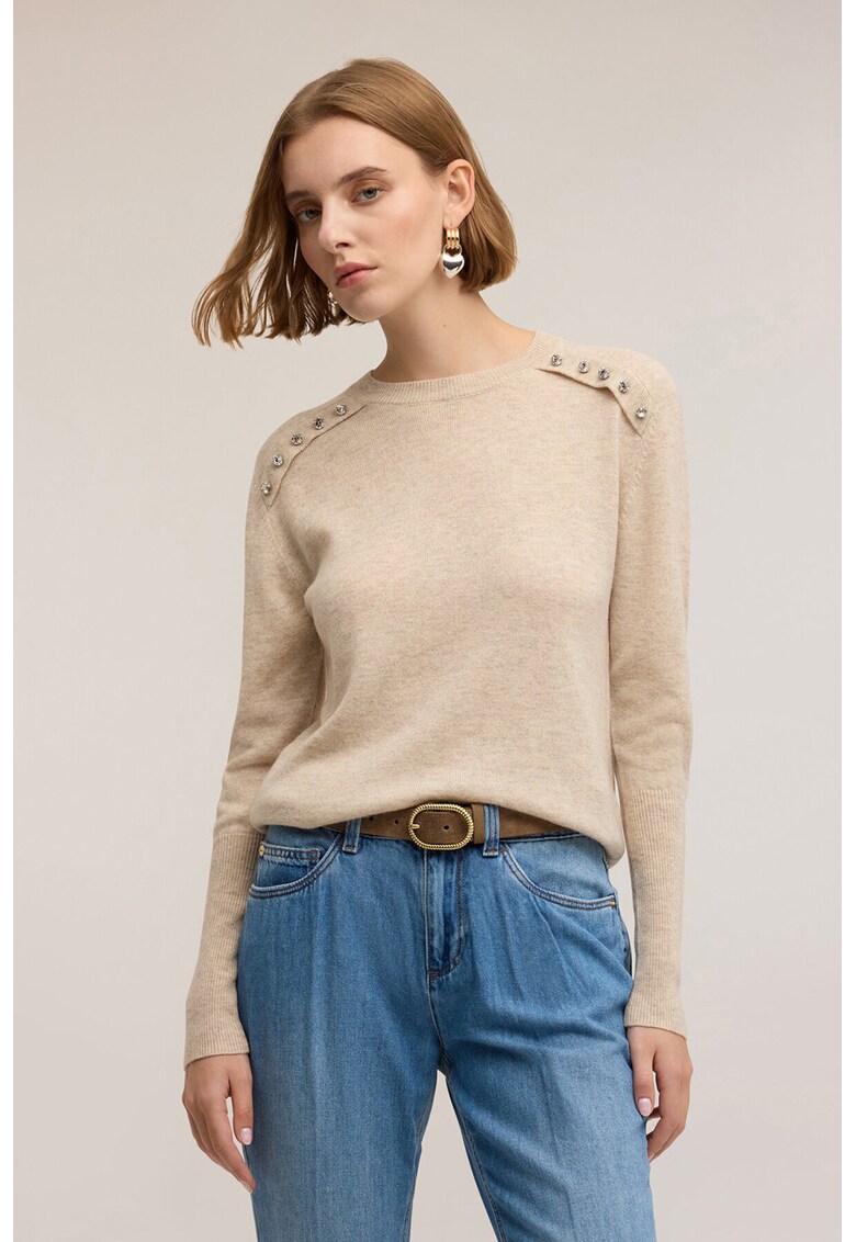 Pulover tricotat fin din amestec de lana - Maro deschis