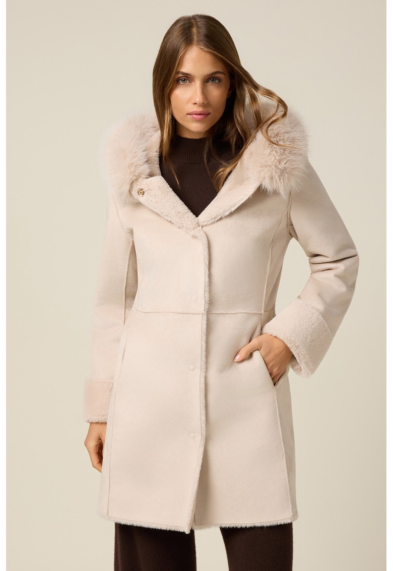 Palton lung din blana shearling sintetica cu gluga