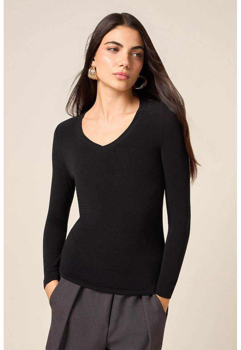 Bluza slim fit cu decolteu in V - Negru