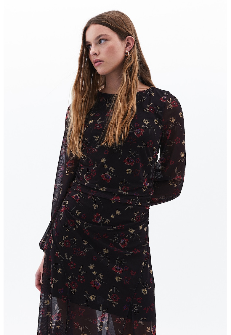 Rochie midi cu model floral si detaliu drapat