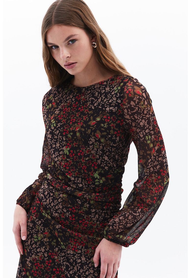 Rochie midi cu model floral si detaliu drapat