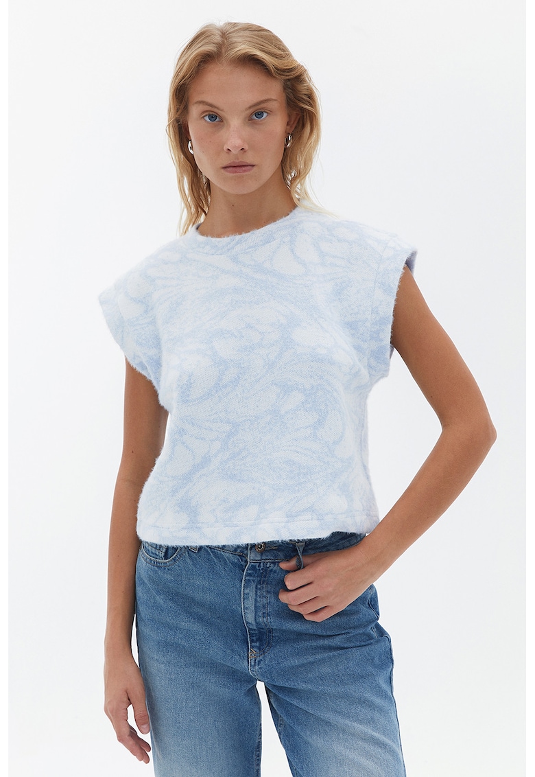 Pulover fara maneci cu model - Albastru pastel