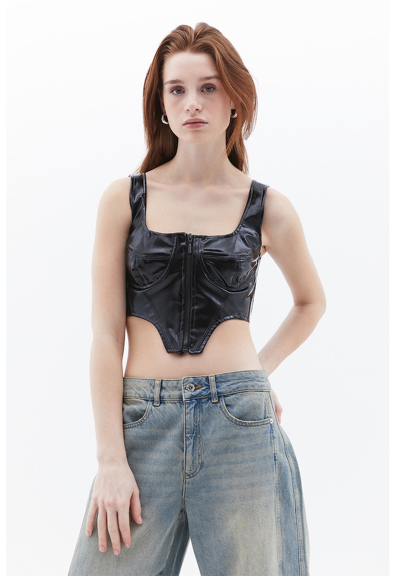 Top crop de piele ecologica cu fermoar