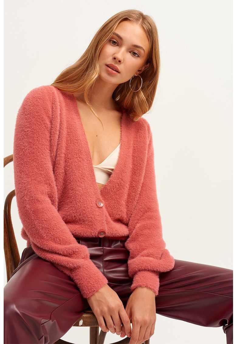 Cardigan cu decolteu in V si aspect pufos