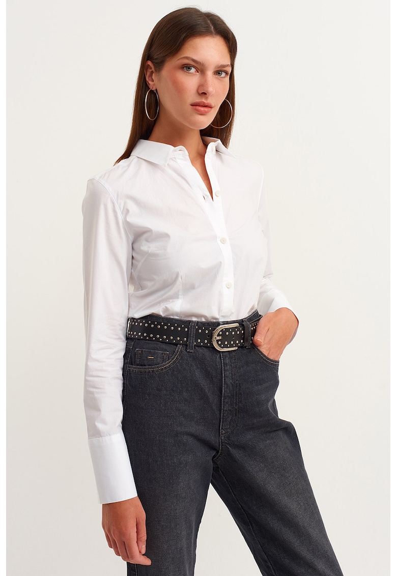 Camasa din bumbac cu model uni si maneci lungi