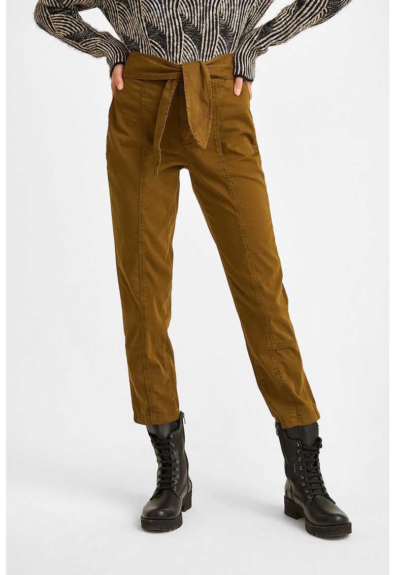 Pantaloni crop cu croiala dreapta si cordon in talie