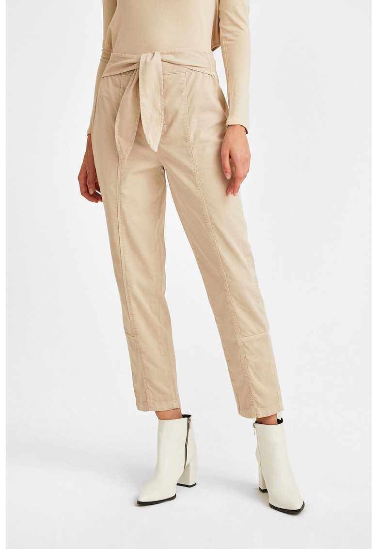 Pantaloni crop cu croiala dreapta si cordon in talie