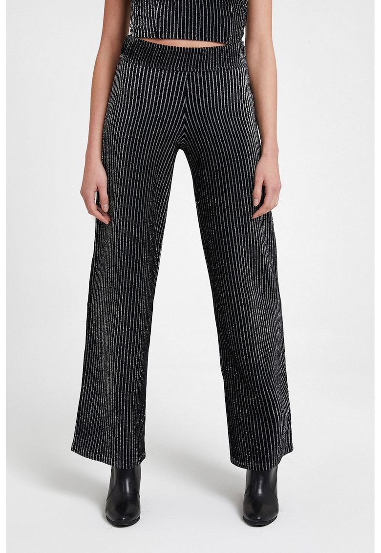 Pantaloni relaxed fit cu model in dungi si talie inalta