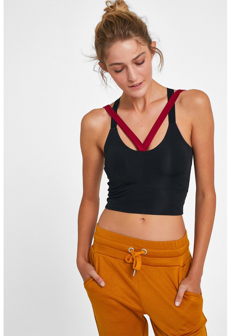 Top crop slim fit cu benzi contrastante