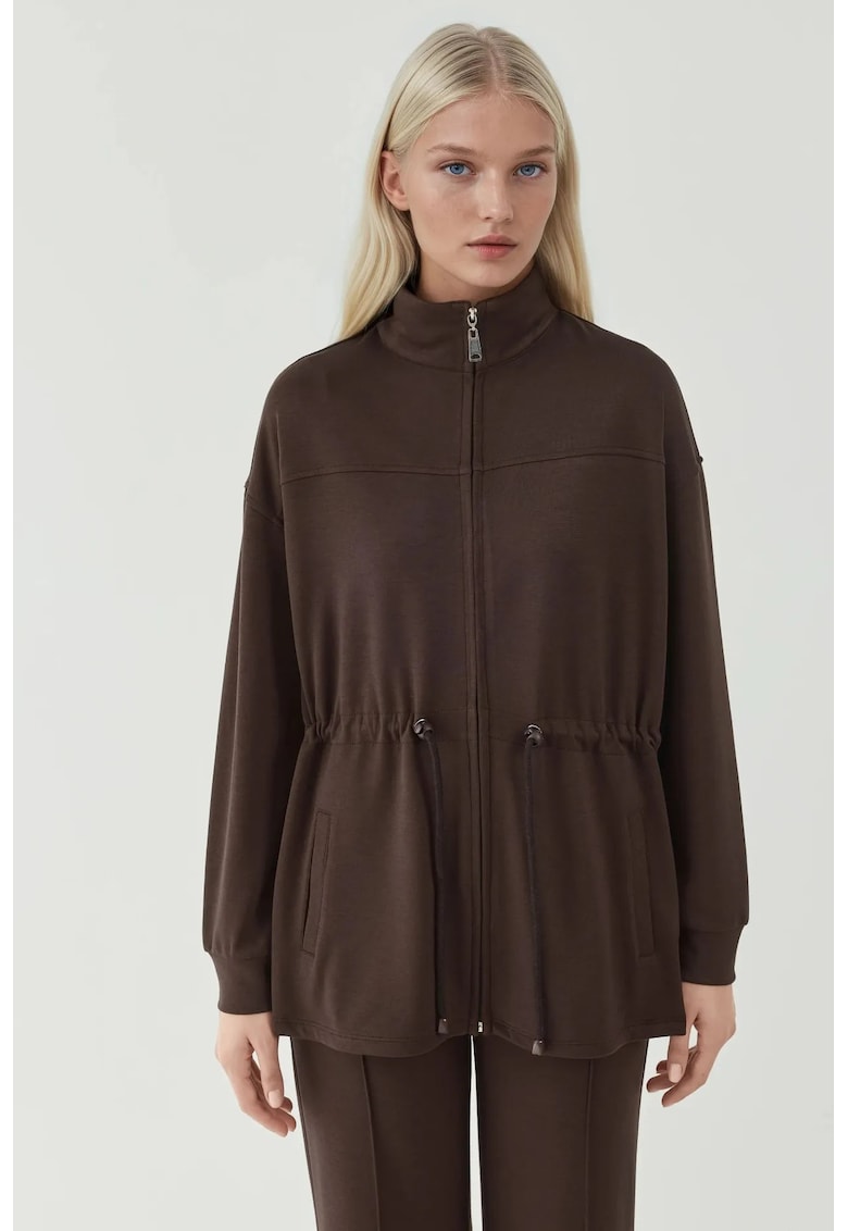 Hanorac dama - jacheta lunga - talie ajustabila - maro cafea - textil