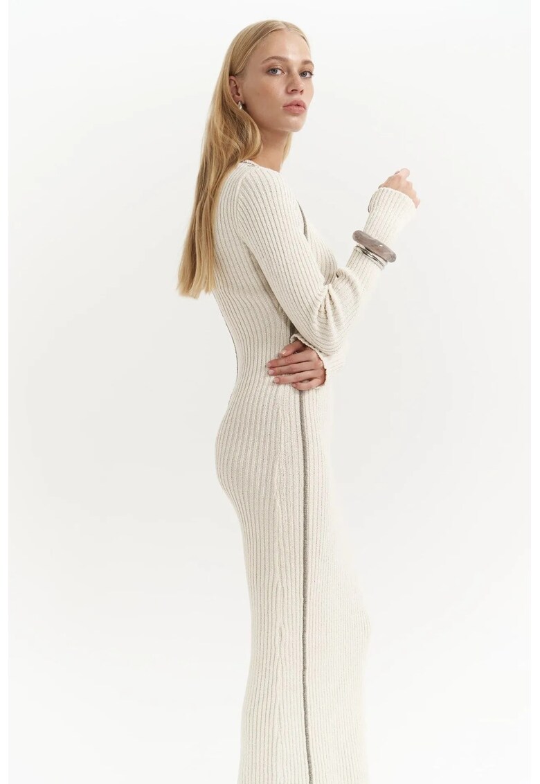 Rochie Maxi - detalii cu dungi - bej natural - tricot -