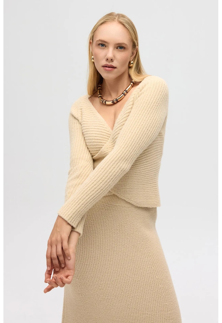 Costum dama - Set top-fusta Fluff Tie Up - Bej Natural - Tricot -