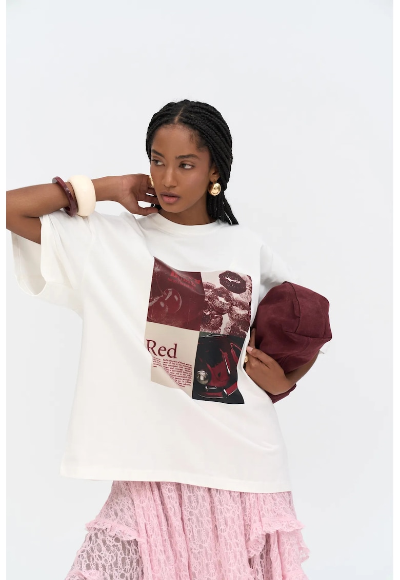 Tricou dama - Red Bloom - supradimensionat - alb - jerseu - S-M