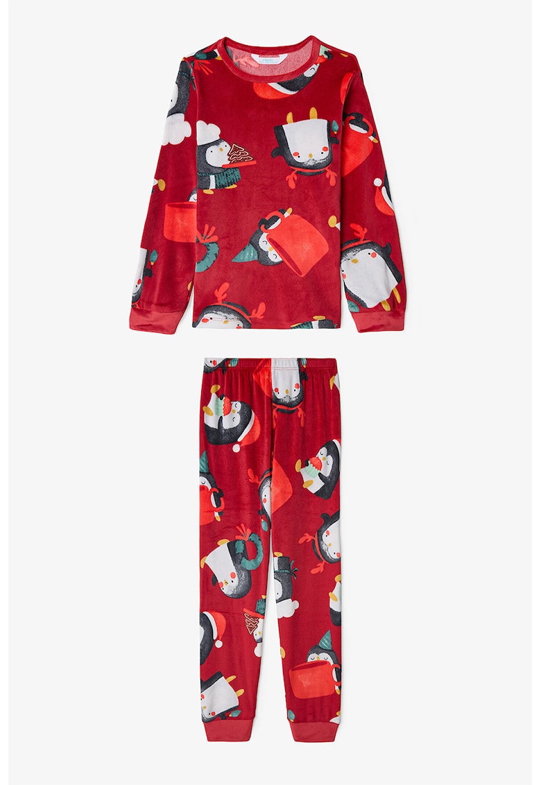 Pijama cu aspect de catifea si model - Alb/Rosu inchis